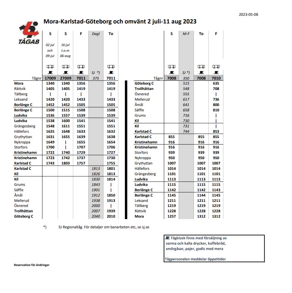 Tidtabeller Inlandsbanan